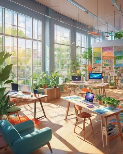 modern office,sunroom,creative office,working space,aqua studio,school design,study room,workspaces,sky apartment,house plants,interior design,indoor,offices,modern room,green living,houseplants,shared apartment,classroom,loft,breakfast room,Illustration,Japanese style,Japanese Style 03