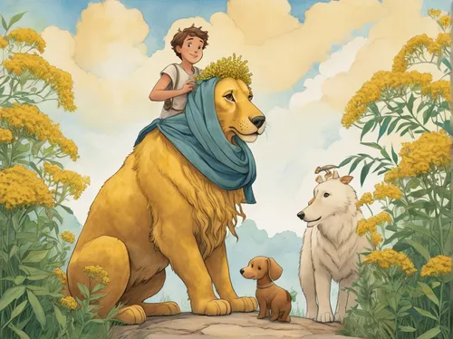 Create a heartwarming children's book about a friendly giant goldenrod who helps a group of lost animals find their way home.,giant goldenrod,forest king lion,king of the jungle,boy and dog,she feeds 