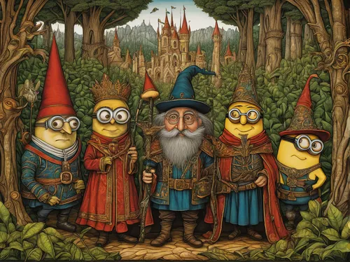 gnomes,scandia gnomes,fairytale characters,dwarves,dwarfs,elves,wizards,gnomes at table,gnome,the pied piper of hamelin,villagers,druids,wise men,scandia gnome,children's fairy tale,druid grove,three wise men,hobbit,magical adventure,the three wise men,Art,Classical Oil Painting,Classical Oil Painting 28