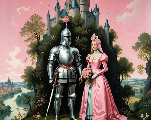 couple woman in medieval dress with high headdress and knight in armor with bouquet of flowers standing next to each other, storybook illustration, Terry Oakes, tumblr, but the armor covers his face, 