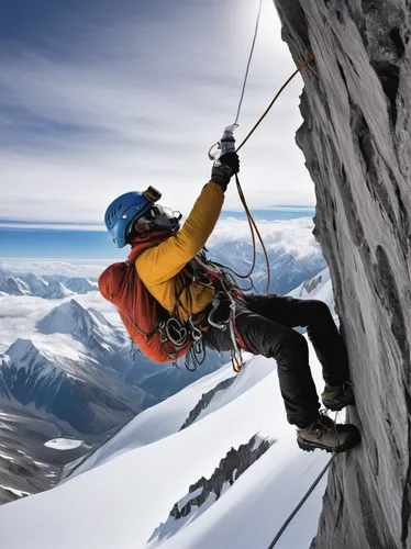 In a mountaineering expedition, a climber uses an oxygen mask to combat the thin air at high altitudes.,alpine climbing,ice climbing,ski mountaineering,sport climbing,climbing equipment,climbing rope,