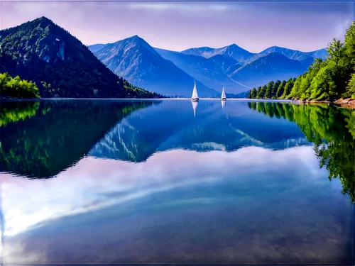 Serene lake, calm water, mirror-like reflection, surrounding mountains, lush green trees, few sailboats, sunny day, soft haze, warm light, 3/4 composition, shallow depth of field, vibrant blue color t