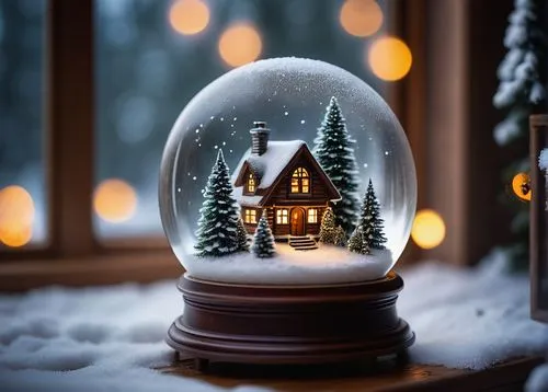 Snow globe aesthetic, delicate miniature winter wonderland, intricate snowflakes gently falling, frosty glass sphere, ornate wooden base, soft warm lighting, cozy cabin in the background, snowy pine t