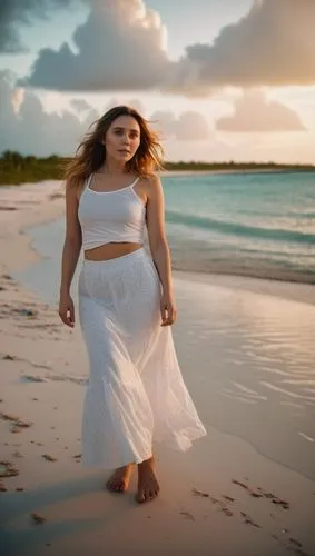 a portrait full body of a beautiful Elizabeth Olsen 25 years old brown hair, wearing a white printed T-shirt and white skirt stand up in the beach of Bahamas whit the city at sunset in a cloudy day as