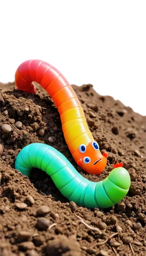 Worms, cartoon style, colorful bodies, varied species, crawling movement, soil surroundings, tiny eyes, wiggly legs, shiny skin, soft lighting, panoramic view, playful composition, vibrant color tone,