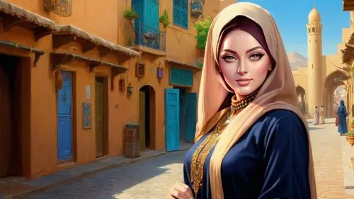 Romantic masterpiece oil painting, beautiful girl portrait, abaya dress, nostalgic 1950's style kitsch, breathtaking beautiful vast landscape, middle eastern city skyline, majestic scenery, Persian Mi