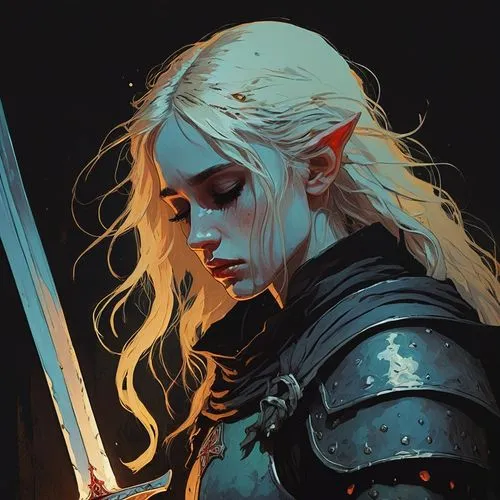 fantasy portrait,witcher,dark elf,swordswoman,white walker,elven,heroic fantasy,games of light,male elf,female warrior,cullen skink,violet head elf,swath,game of thrones,fantasy woman,dagger,winterblueher,thorns,bran,joan of arc,Illustration,Paper based,Paper Based 19