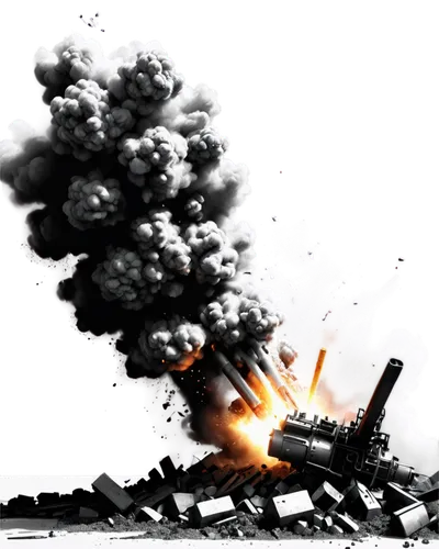 Explosion, blast sound effect, 3D rendering, dynamic animation, smoke and flames, shockwave, debris flying everywhere, metallic surface, damaged machinery, industrial setting, close-up shot, high cont