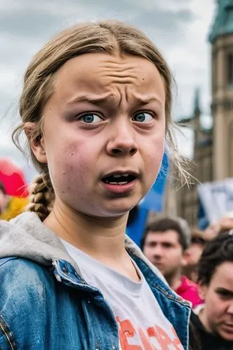 Greta Thunberg, climate activist, solo, (19yo), determined expression, messy blonde hair, minimal makeup, casual outfit, blue denim jacket, white t-shirt, ripped jeans, sneakers, holding a microphone,