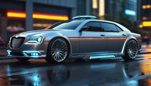 Futuristic 2023 Chrysler Cordoba, luxurious sedan, metallic silver coat, sleek lines, LED headlights, sporty alloy wheels, low-profile tires, aggressive front bumper, angular side mirrors, chrome exha