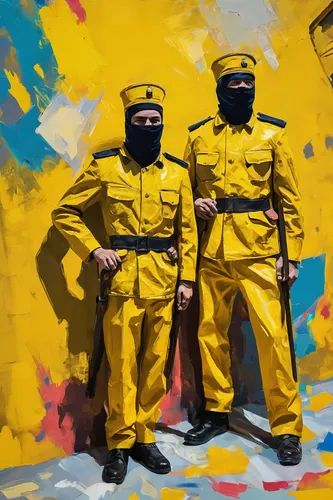 yellow wall,yellow jumpsuit,yellow background,yellow,jumpsuit,yellow and black,the cuban police,hazmat suit,yellow mustard,yellow and blue,black yellow,balaclava,high-visibility clothing,civil defense,modern pop art,respirators,yellow machinery,police uniforms,mustard,wall,Conceptual Art,Oil color,Oil Color 21