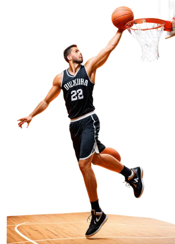 Basketball court, wooden floor, hoops, nets, backboard, athletic male, muscular arms, sweat, dynamic pose, dunking, slam dunk, powerful legs, basketball shoes, Nike branding, worn-out ball, bright are