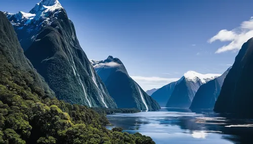 milford sound,new zealand,south island,fjord,nz,north island,tasmania,newzealand nzd,fjords,nordland,mountainous landscape,mountainous landforms,glacial landform,giant mountains,landscapes beautiful,the national park,mountain and sea,national park,australia,baffin island,Illustration,Realistic Fantasy,Realistic Fantasy 36