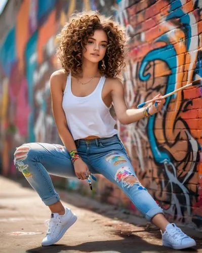 Free-spirited, artistic girl, 18yo, curly brown hair, bright colorful tattoos on arms, ripped denim jeans, white tank top, sneakers, paintbrush in hand, standing, outdoor, vibrant street art, graffiti