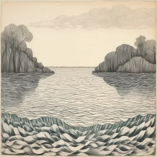 Sketch a mesmerizing pencil drawing of an underwater seascape.,landscape with sea,sea landscape,coastal landscape,cool woodblock images,japanese wave paper,seascape,estuarine,boat landscape,an island 