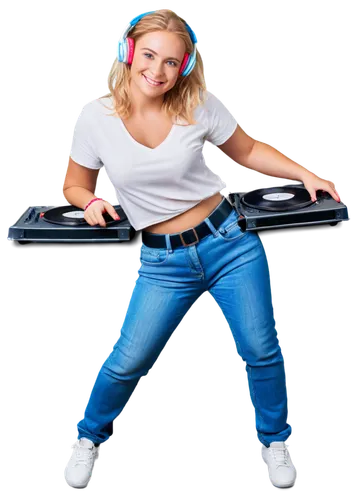 Upbeat DJ, colorful headphones, dynamic pose, smiling face, bright blue eyes, messy blond hair, casual wear, white t-shirt, jeans, sneakers, vinyl records, mixing console, flashing lights, studio back