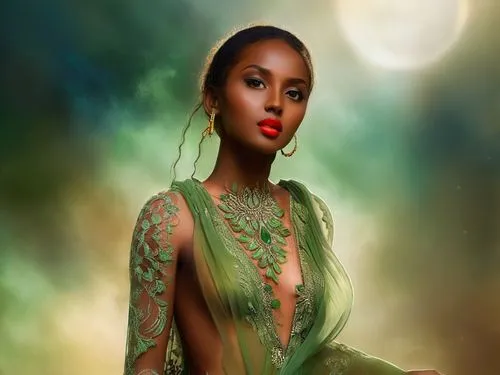 a woman with red lips wearing a green gown,nephthys,nigeria woman,dirie,african woman,meseret,oshun,Illustration,Realistic Fantasy,Realistic Fantasy 01