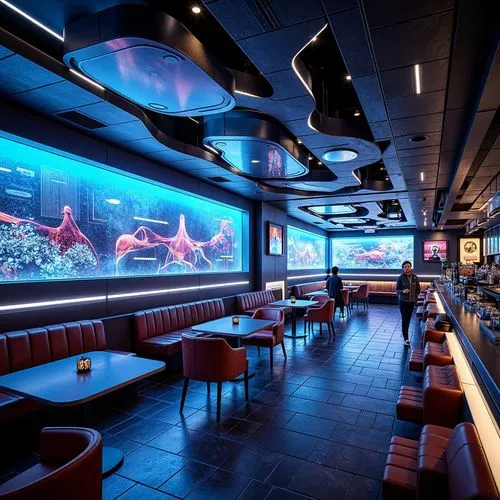 Futuristic restaurant interior, neon-lit ambiance, holographic displays, metallic accents, curved lines, minimalist decor, transparent tables, levitating chairs, virtual reality experiences, interacti