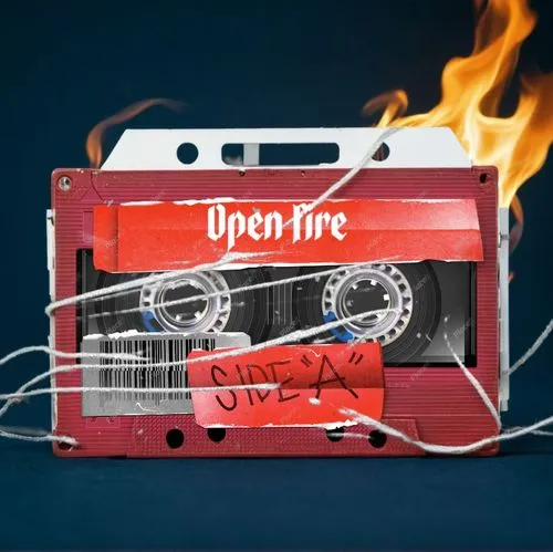 White red and navy blue color scheme cassette tape, on fire, display product, ,open flames,mixtape,mix tape,firewire,fire siren,fire background,inferno,cd burner,cassette,overheats,radio cassette,obso