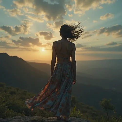 woman silhouette,girl in a long dress,tamasha,girl in a long dress from the back,mountain spirit,mountain top