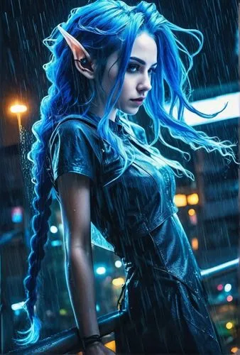 pointy elf ears, blue hair,cyberpunk elf with blue hair,blue enchantress,dark elf,violet head elf,illyria,effluvia,monsoon banner,Photography,Artistic Photography,Artistic Photography 07