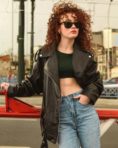 leather jacket,bolero jacket,retro woman,80s,jean jacket,retro women,retro girl,leather,sunglasses,1980's,jacket,black leather,on the street,crop top,retro look,concrete chick,eighties,tube top,denim jacket,retro eighties