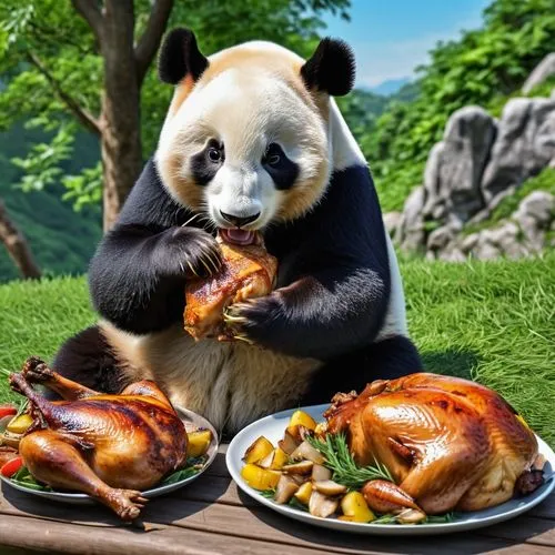 Giant panda eating roast chicken,pandas,giant panda,panda,pandeli,pandurevic,pandjaitan,beibei,large panda bear,pandita,lun,pandua,pandera,kawaii panda,puxi,pengshui,delicious meal,pengfei,garden dinn