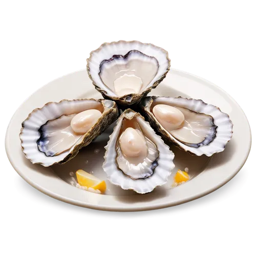 Oysters, opened shells, succulent flesh, pearl inside, half-shell, silver plate, gourmet food, fine dining, restaurant setting, soft focus, shallow depth of field, warm lighting, cinematic composition