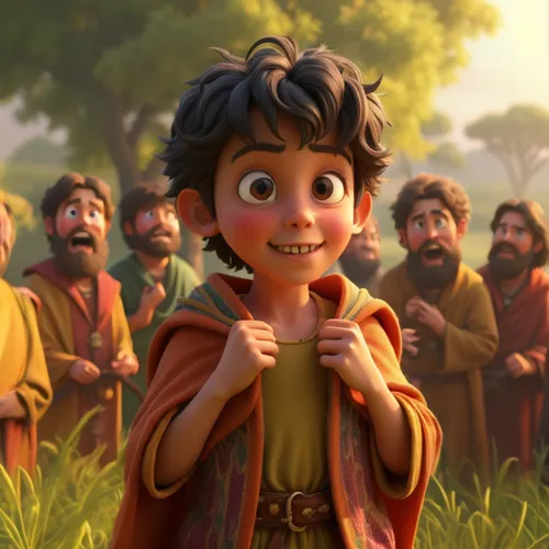 a man in the guise of a talking corn,a cartoon po of several people standing in the woods,mowgli,frodo,croods,noah,gavroche,tyrion lannister