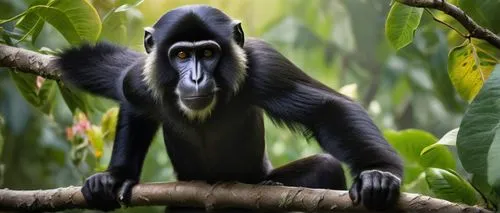 Adult male African monkey, big, black fur, muscular arms, strong hands, long fingers, sharp nails, expressive eyes, nostrils flaring, ears perked up, sitting on a tree branch, jungle environment, vine