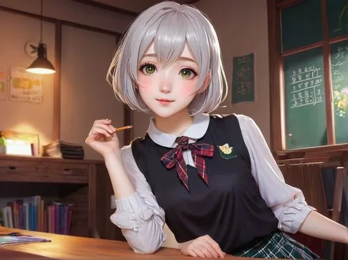 Pointy chin, anime girl, beautiful detailed eyes, eyelashes, sparkling eyeshadow, pale skin, rosy cheeks, short silver hair, messy bob cut, few loose strands framing face, small nose, gentle smile, sl