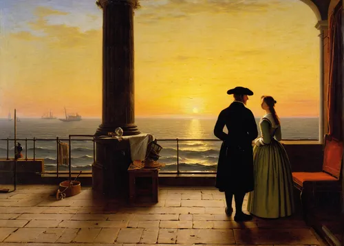 Compose a romantic dialogue between two anemones of the seas watching a beautiful sunset over the ocean.,romantic scene,young couple,courtship,landscape with sea,loving couple sunrise,evening atmosphe