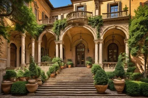 Renaissance-style building, ornate stone carvings, grand arches, domed roof, intricate frescoes, marble columns, Baroque details, curved staircases, ornate balconies, Tuscan pillars, rusticated quoins