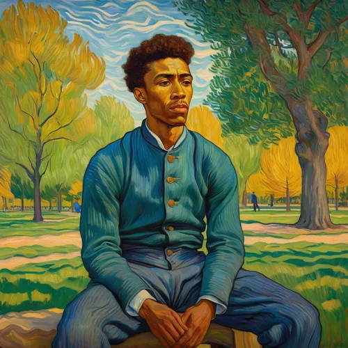 vincent van gough,young man,artist portrait,oil on canvas,afro-american,khokhloma painting,meditation,joshua,afroamerican,self-portrait,african american male,mississippi,man on a bench,poet,child portrait,meditative,david bates,portrait background,art,moor,Art,Artistic Painting,Artistic Painting 03