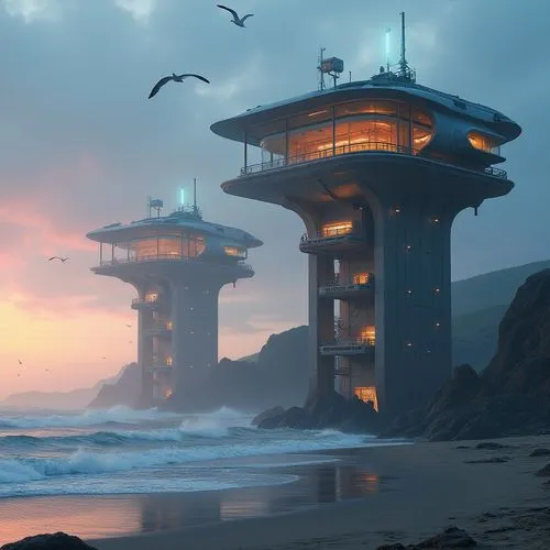 futuristic landscape,stilt houses,imperial shores,outpost,watchtowers,arcology,floating islands,mushroom island,floating huts,house of the sea,futuristic architecture,citadels,sedensky,lifeguard tower,seafort,cube stilt houses,seahaven,fantasy landscape,seaside resort,watchtower,Photography,General,Realistic