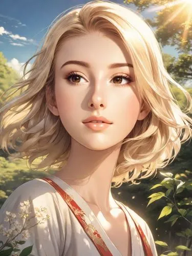 Japanese drawing of a beautiful blonde Manga lady in Japanese countryside, sunshine, gorgeous, cinematic, lens flare, stylised, Ghibli style,the blonde girl is wearing a white top,jessamine,galadriel,