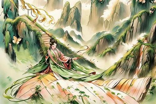 picturesque stunning landscape of Ha Giang,an oriental painting of two women standing at the edge of a mountain,kuanyin,guanyin,diaochan,okami,kunqu,zhui,muramasa,yuexiu,xuanwumen,seimei,xuanxu,jianyi