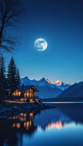 Lake going into the distance.  Large bright yMoon mountains. Shades of blue to deep blue. Silhouette of trees and house on the edge of the lake,moonlit night,moonrise,the cabin in the mountains,moonli