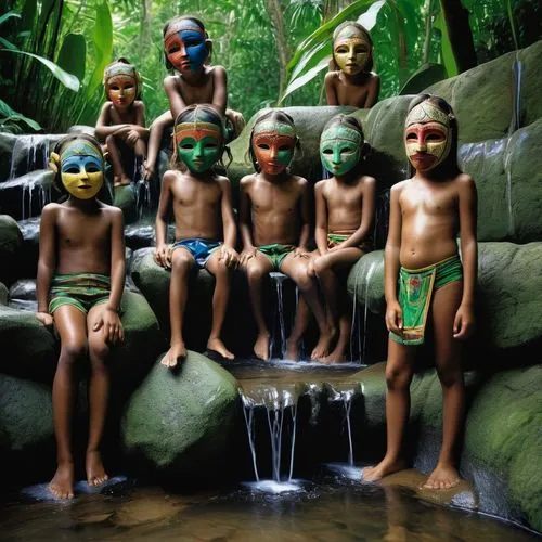 children water park. Pools with stone slides and like-natural falls, ethnic masks. Costa Rica,amazonians,tuvaluans,playmobil,palauans,polynesians,amazonas,orishas,menehune,jarawa,tribesmen,amazonia,hu