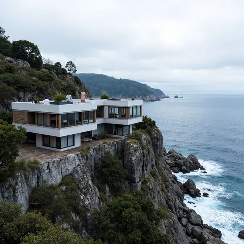 Rugged coastal cliffs, crashing ocean waves, salty sea air, modernist Bauhaus architecture, rectangular prismatic forms, clean lines, minimal ornamentation, functional simplicity, industrial materials