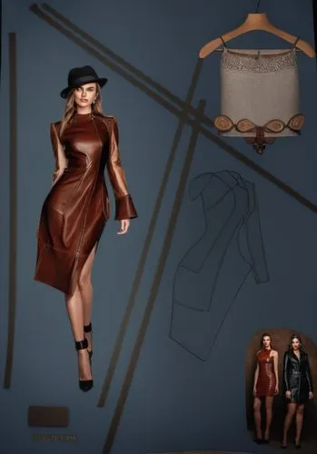 a mannequin dressed in brown and a dress with high heels,derivable,fashion vector,maxmara,leather hat,leather texture,burberry,Photography,General,Realistic