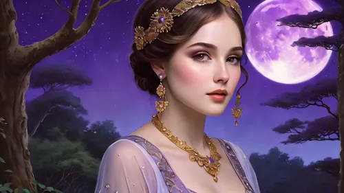 fantasy picture,fantasy art,fairy tale character,purple moon,la violetta,fantasy portrait,oriental princess,fairy queen,blue moon rose,mystical portrait of a girl,diadem,the night of kupala,fantasy woman,lady of the night,miss circassian,the enchantress,romantic portrait,faery,enchanting,pale purple,Illustration,Realistic Fantasy,Realistic Fantasy 16