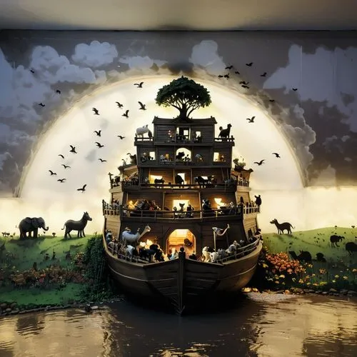 pirate ship,paper art,diorama,noah's ark,paper ship,3d fantasy,Conceptual Art,Graffiti Art,Graffiti Art 12