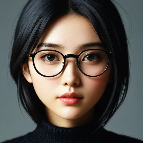 女生，眼镜，黑色毛衣，卡通,an asian woman with black hair and glasses,girl portrait,asian woman,digital painting,portrait background,yobi,korean,Illustration,Japanese style,Japanese Style 11