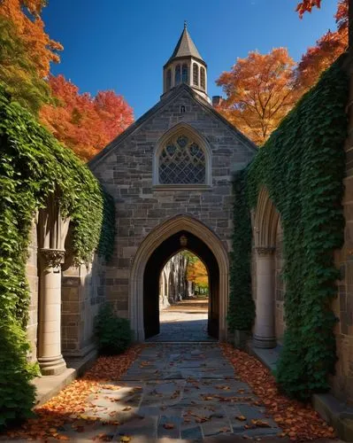 Princeton University architecture, Gothic style, historic buildings, stone walls, stained glass windows, ornate facades, pointed arches, ribbed vaults, grand hallways, intricate carvings, wooden doors