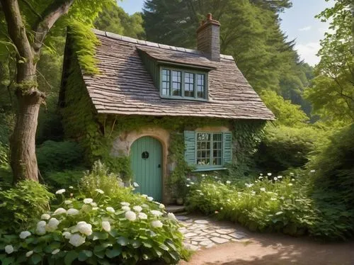 Cozy two-bedroom tiny cottage, rustic wooden exterior, sloping roof, white chimney, greenery covered walls, vines crawling up, delicate flower-filled window boxes, lace curtains, wooden shutters, ston