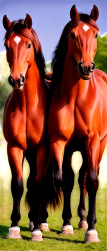 Majestic horses, two horses, standing back to back, shiny brown coats, flowing manes, muscular bodies, strong legs, horseshoes, rural setting, warm sunlight, 3/4 composition, shallow depth of field, s