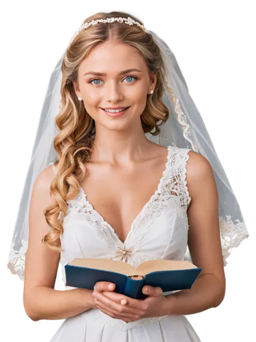 Christian woman, gentle smile, blue eyes, golden hair, soft curls, elegant makeup, white dress, lace veil, pearl necklace, holding Bible, standing, praying, peaceful, warm lighting, soft focus, shallo