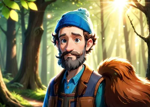 A 50 year old man, he is a forester, he is wearing an blue with a logo on it, his beard is greay and chesnuts colored, he is wearing forester clothes green and brown colored, he has a few rickles on h