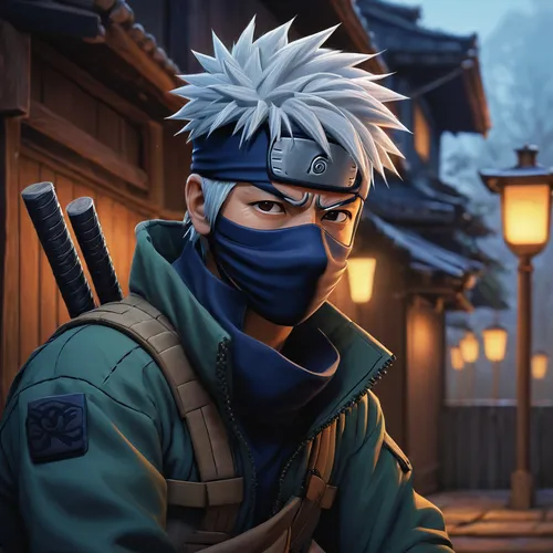 kakashi hatake,shinobi,ninja,goki,sensei,nikko,bandana background,iaijutsu,hijiki,tsukemono,edit icon,naruto,shinkiari,dusk background,samurai,ikayaki,kenjutsu,cartoon ninja,guilinggao,shimada,Illustration,Realistic Fantasy,Realistic Fantasy 27